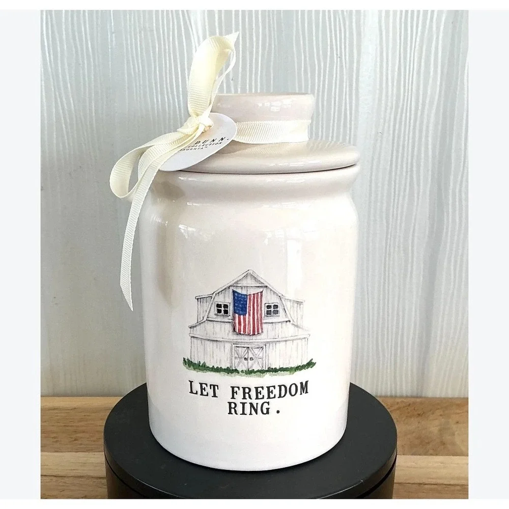 Rae Dunn Let Freedom Ring Barn American Flag Ceramic Canister Jar 250th Anniv